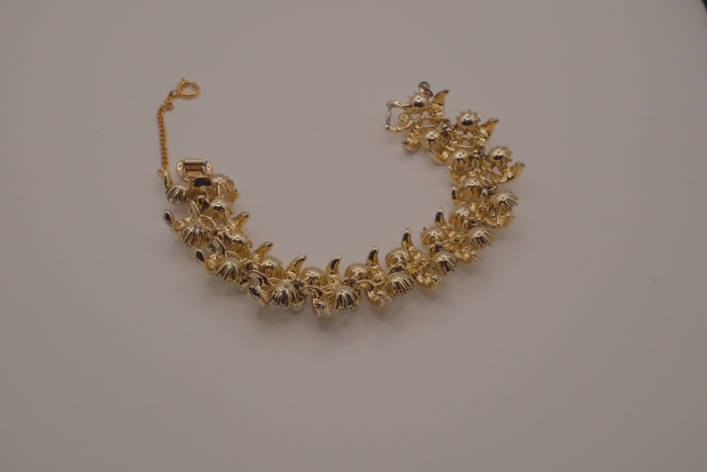 Vintage 1950s rhinestone and faux pearl leaf bracelet