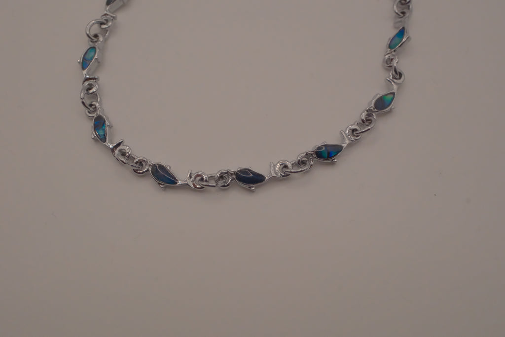 Dainty dolphin-link charm bracelet with Abalone inlay