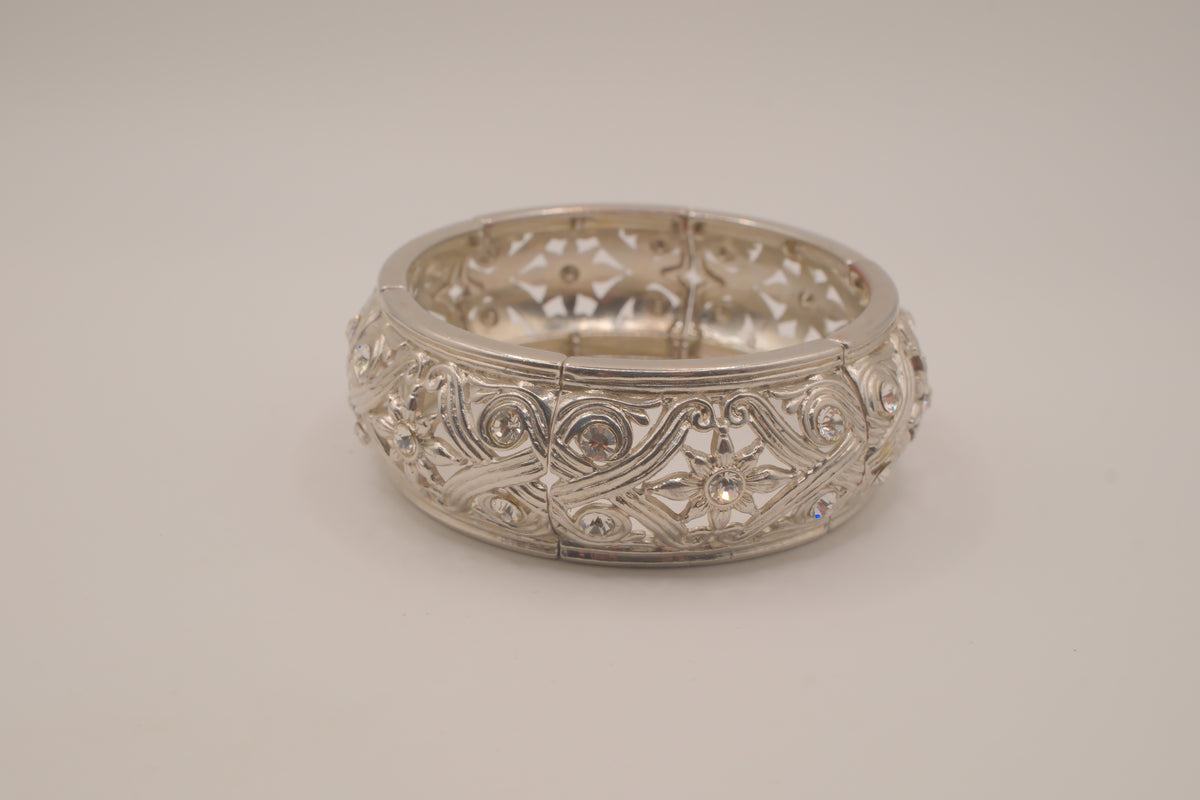 Vintage silver tone filigree stretch cuff bracelet