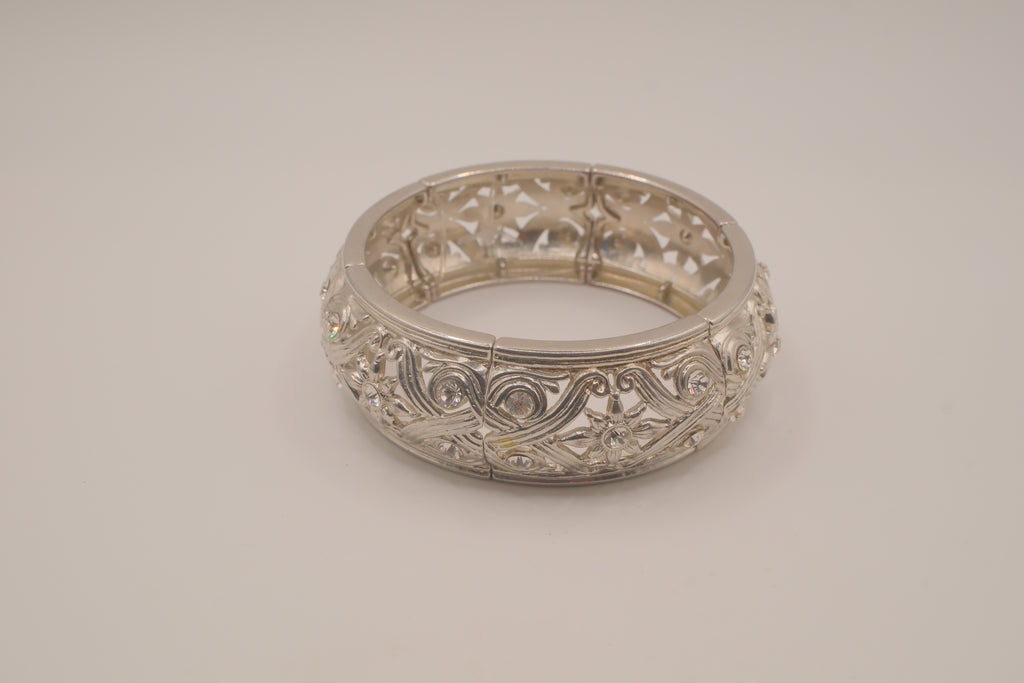 Vintage silver tone filigree stretch cuff bracelet