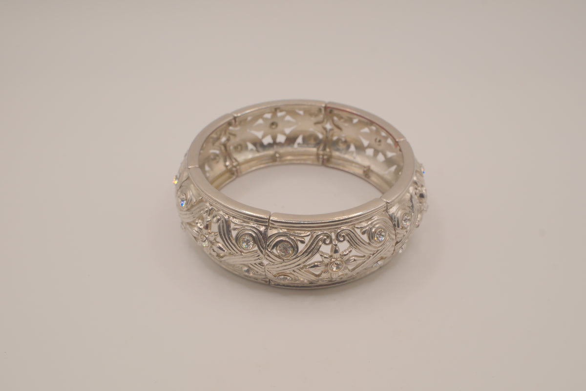 Vintage silver tone filigree stretch cuff bracelet