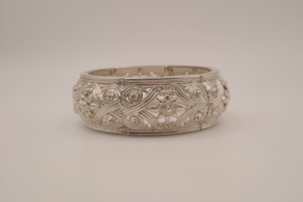 Vintage silver tone filigree stretch cuff bracelet