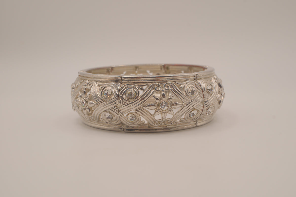 Vintage silver tone filigree stretch cuff bracelet