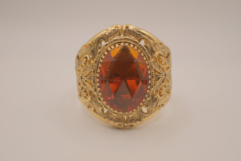 Vintage Faceted Topaz Glass Ornate Gold tone Clamper Bracelet