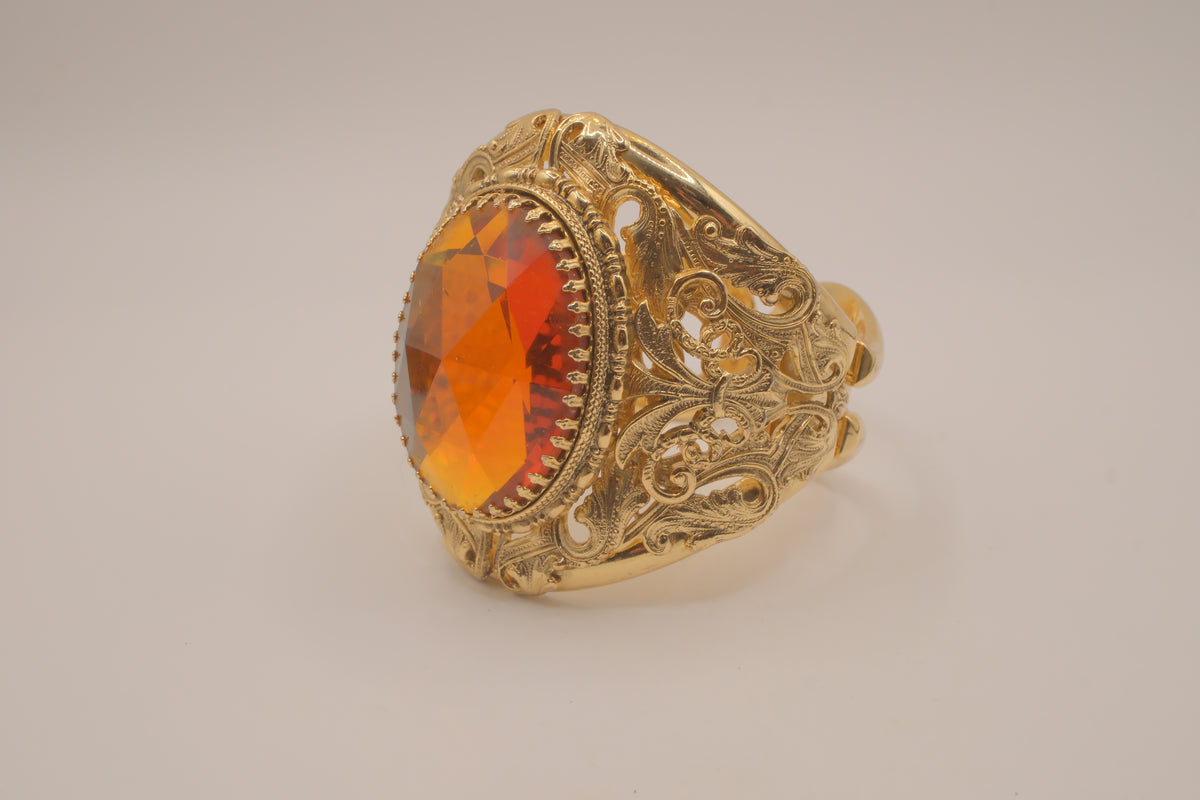 Vintage Faceted Topaz Glass Ornate Gold tone Clamper Bracelet