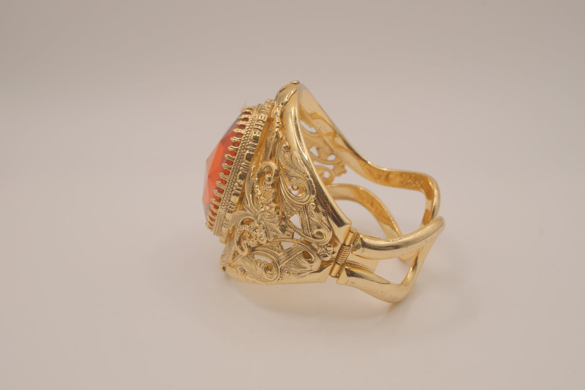 Vintage Faceted Topaz Glass Ornate Gold tone Clamper Bracelet