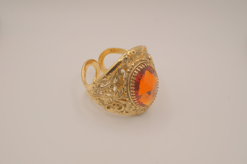 Vintage Faceted Topaz Glass Ornate Gold tone Clamper Bracelet