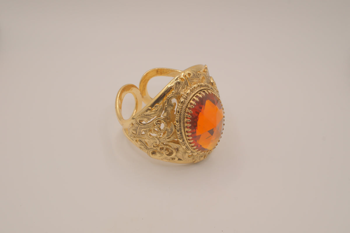 Vintage Faceted Topaz Glass Ornate Gold tone Clamper Bracelet