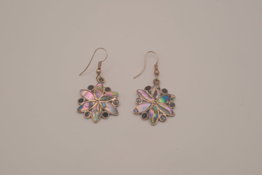 Vintage alpaca silver flower dangle earrings inlaid with abalone shell
