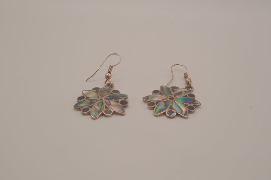 Vintage alpaca silver flower dangle earrings inlaid with abalone shell