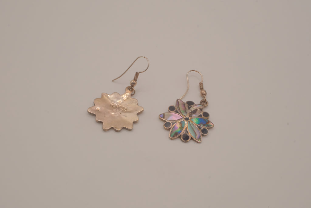 Vintage alpaca silver flower dangle earrings inlaid with abalone shell