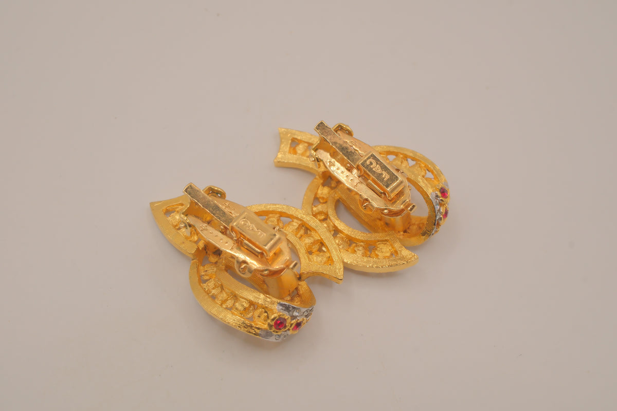 Vintage mixed tone ribbon-scroll style clip earrings