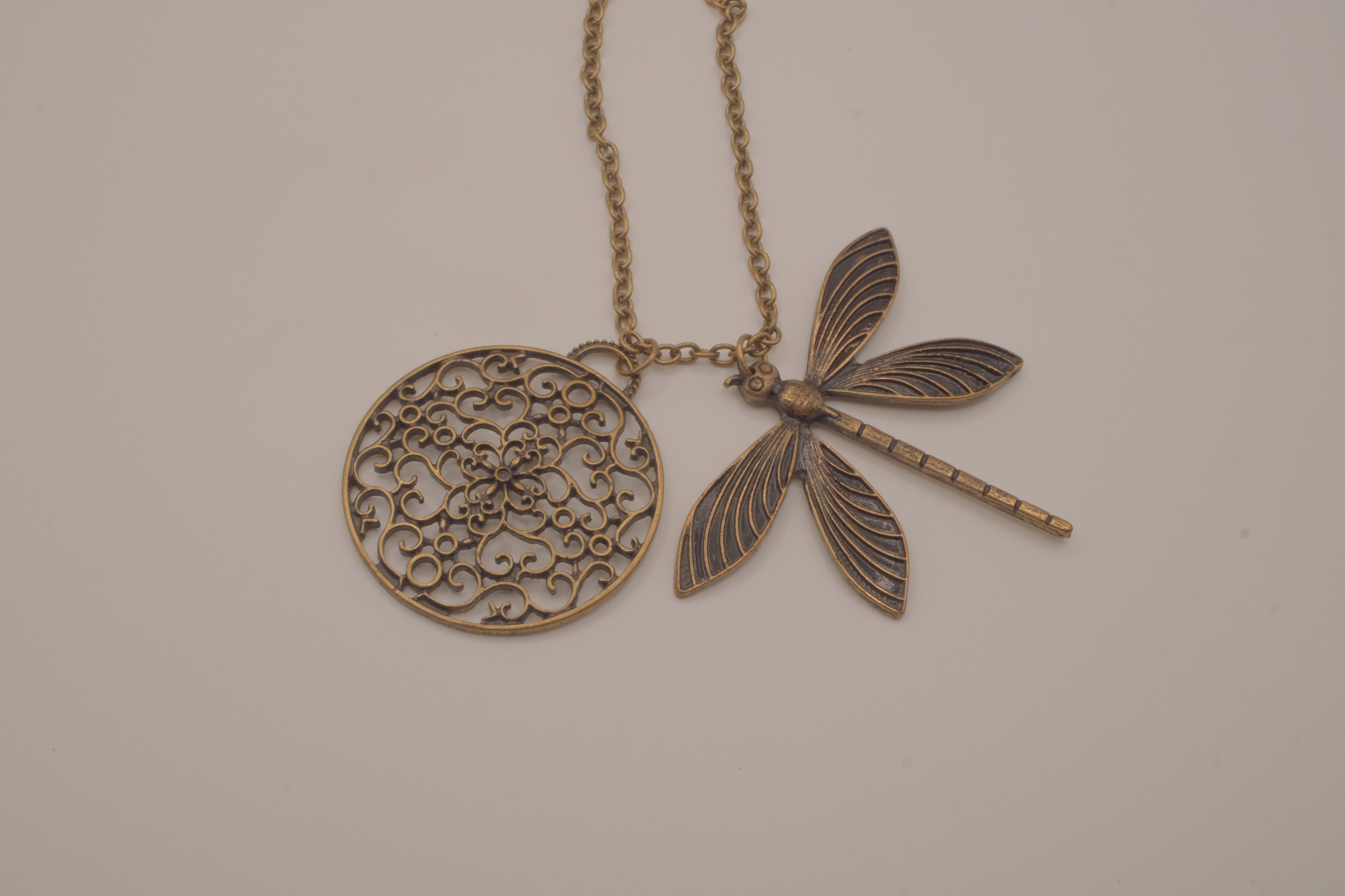 Antique brass dragonfly pendant necklace