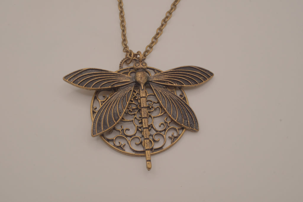 Antique brass dragonfly pendant necklace