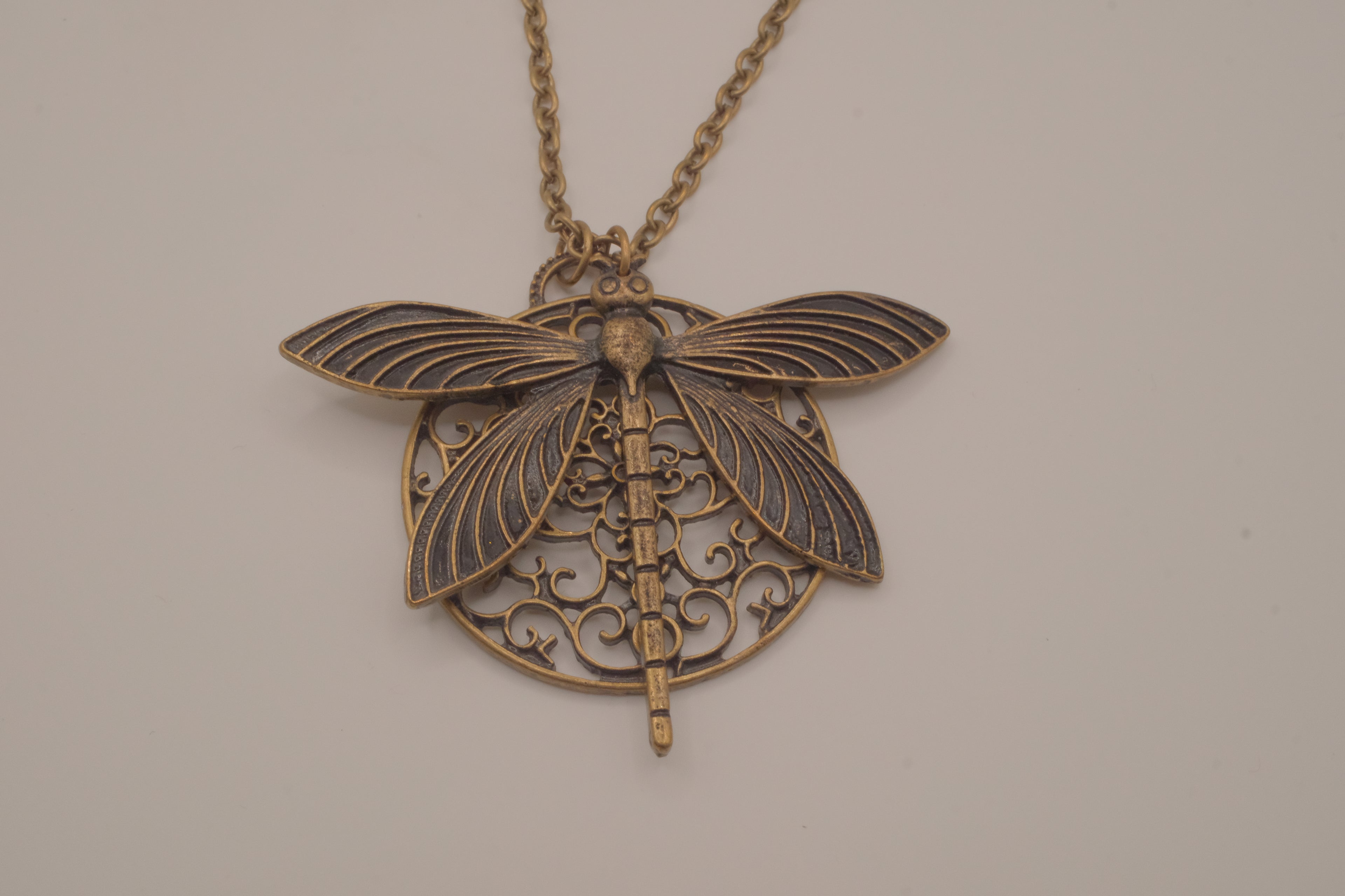 Antique brass dragonfly pendant necklace