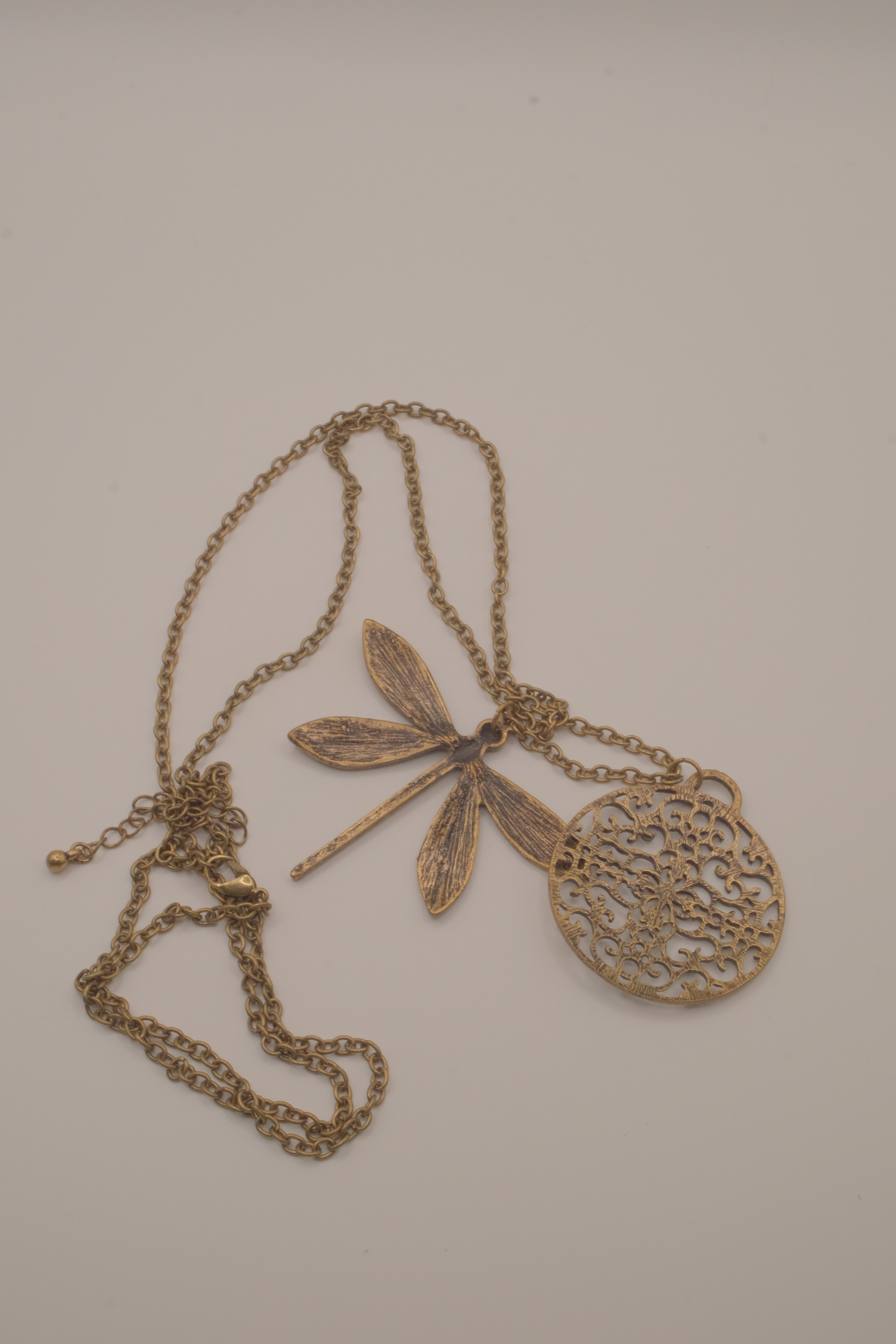 Antique brass dragonfly pendant necklace