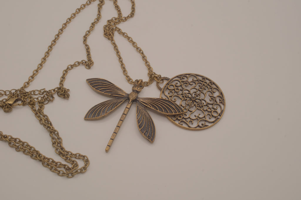 Antique brass dragonfly pendant necklace