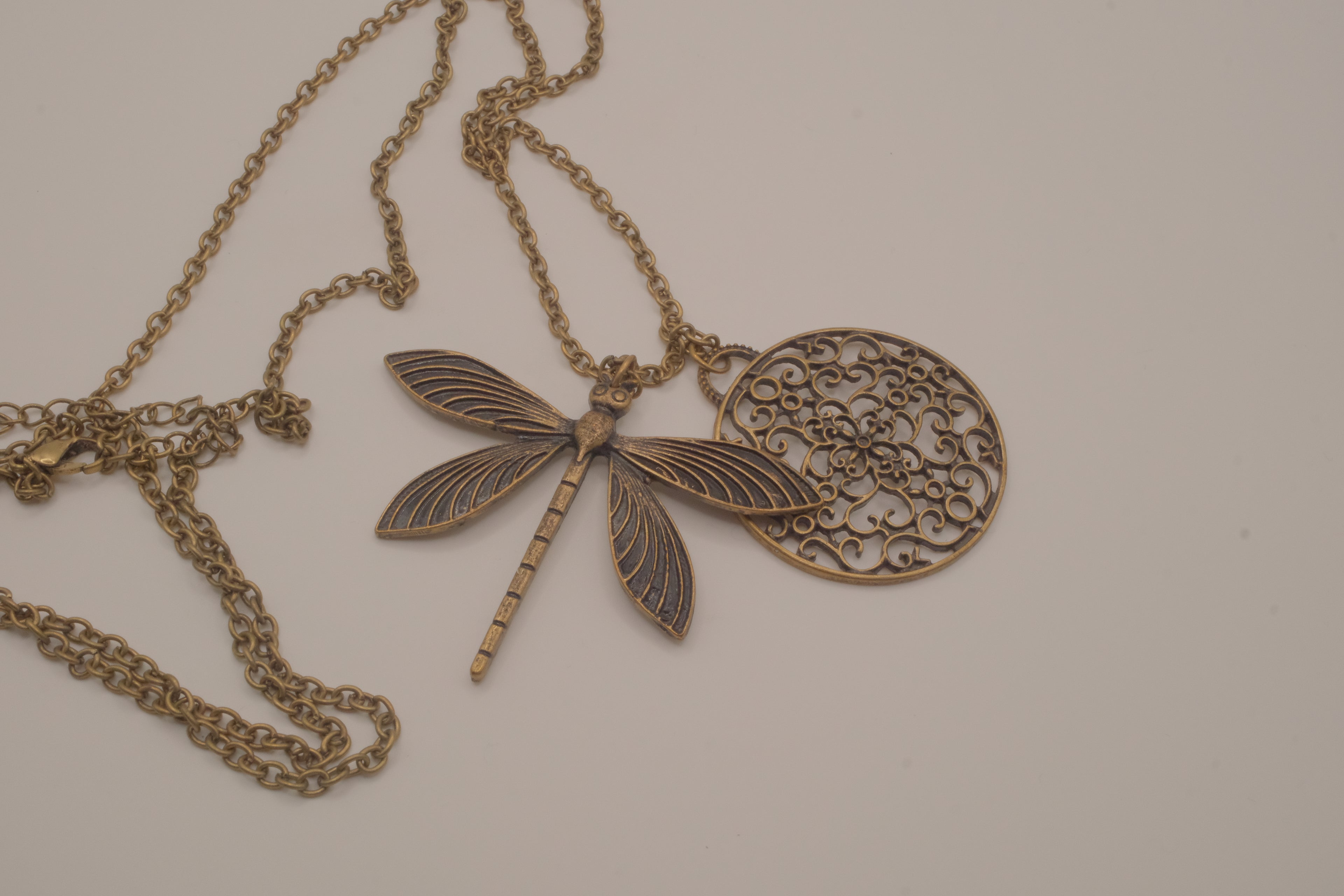 Antique brass dragonfly pendant necklace