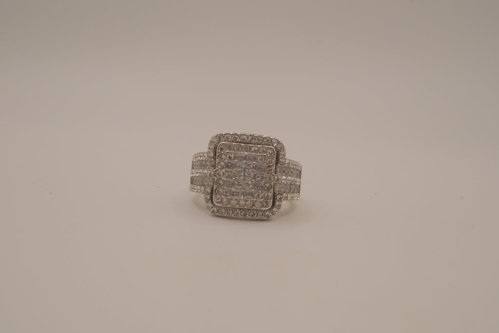SIlver tone square halo cluster ring