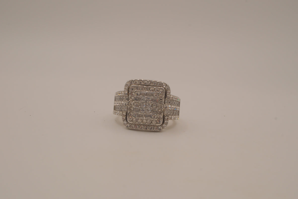SIlver tone square halo cluster ring