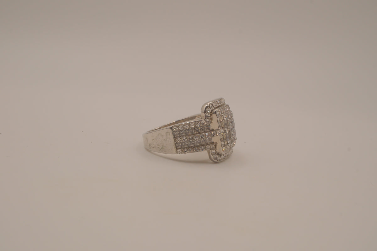 SIlver tone square halo cluster ring