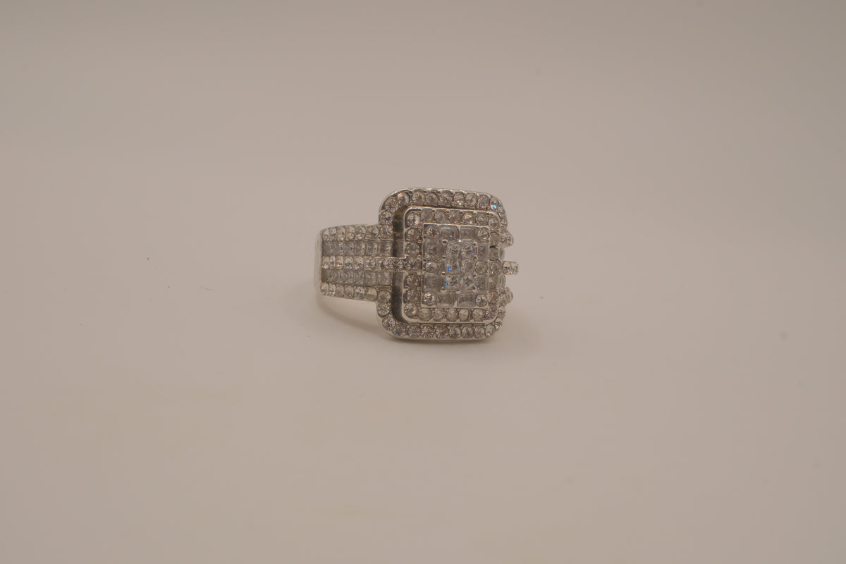 SIlver tone square halo cluster ring