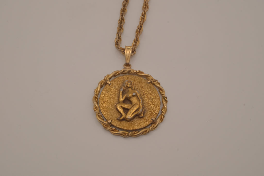 Vintage Anson Pewter gold-plated Virgo zodiac medallion pendant necklace