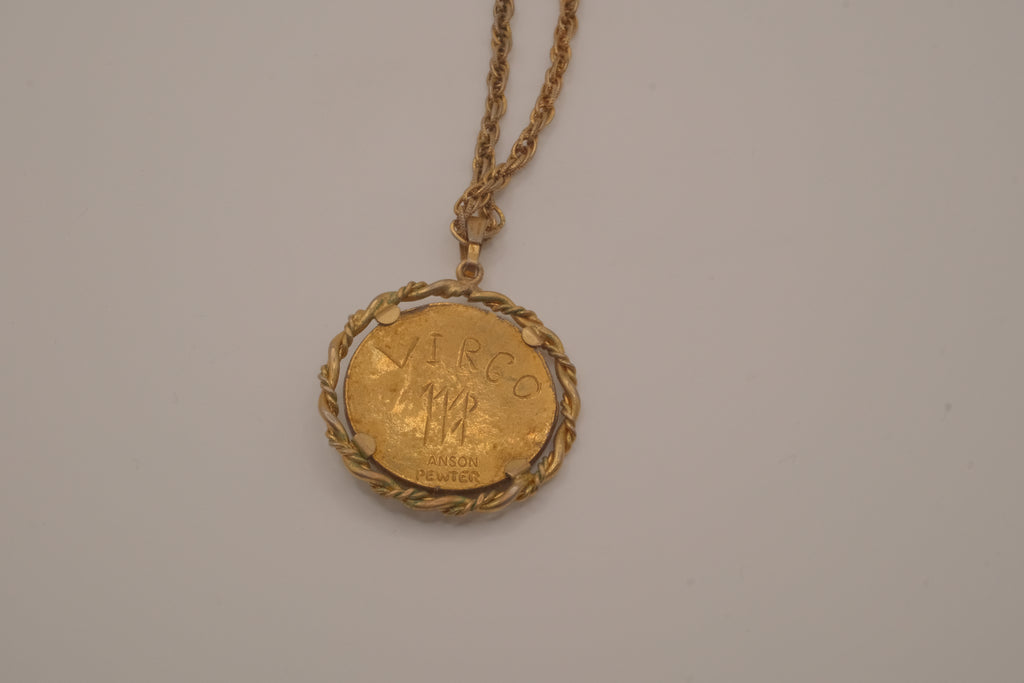 Vintage Anson Pewter gold-plated Virgo zodiac medallion pendant necklace