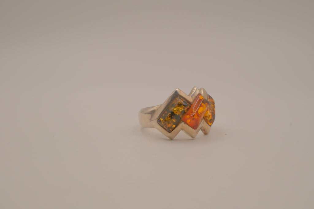 Vintage modernist Baltic amber and sterling silver ring
