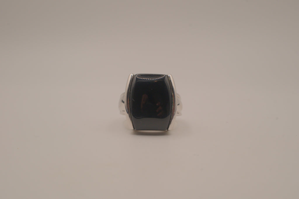 Silver tone Rectangular cabochon Black stone statement ring