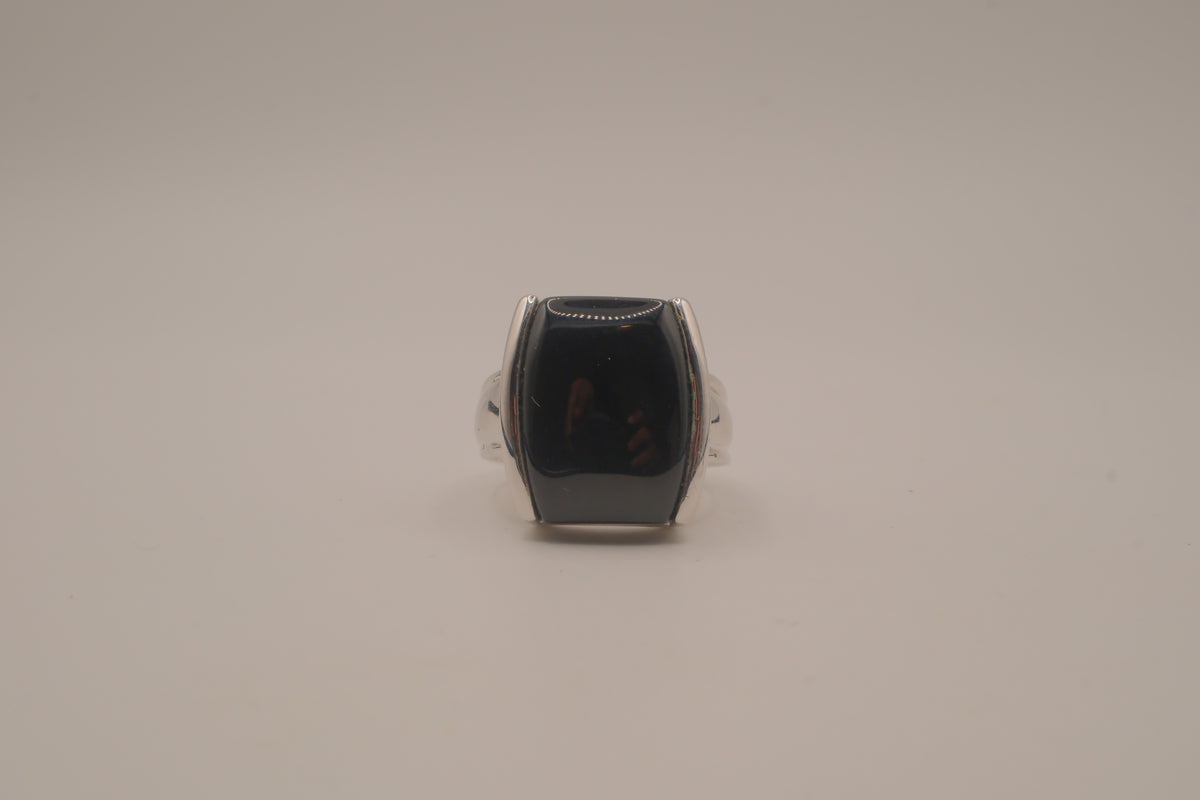 Silver tone Rectangular cabochon Black stone statement ring