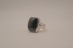 Silver tone Rectangular cabochon Black stone statement ring