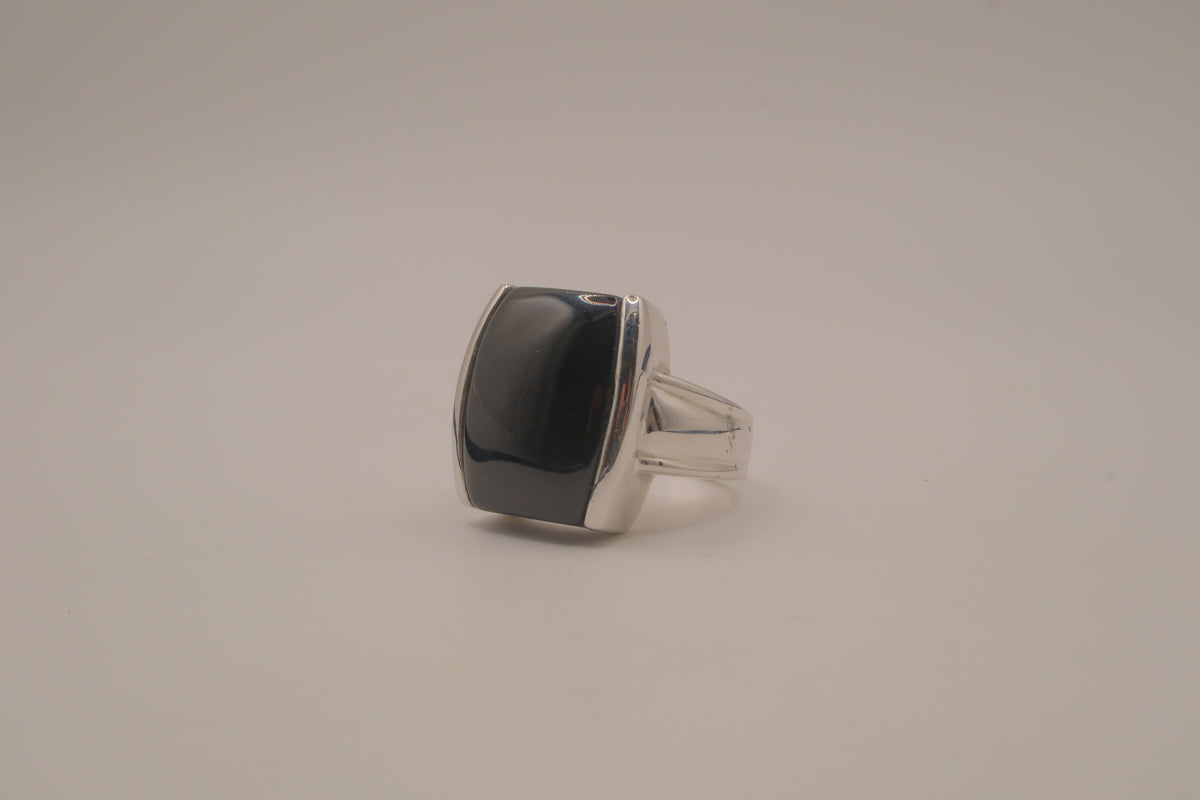 Silver tone Rectangular cabochon Black stone statement ring