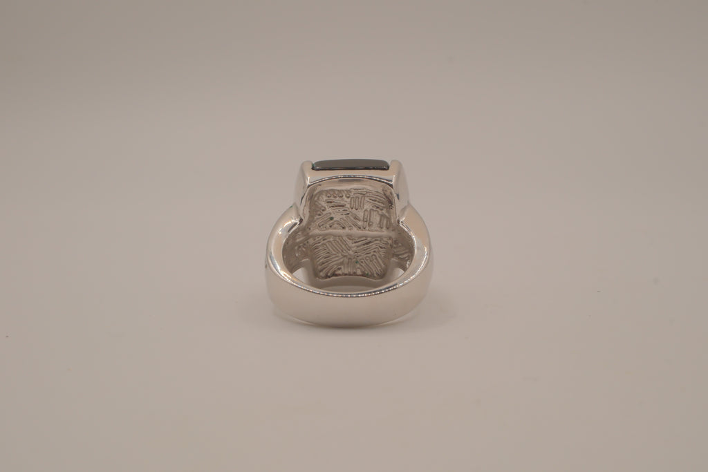 Silver tone Rectangular cabochon Black stone statement ring