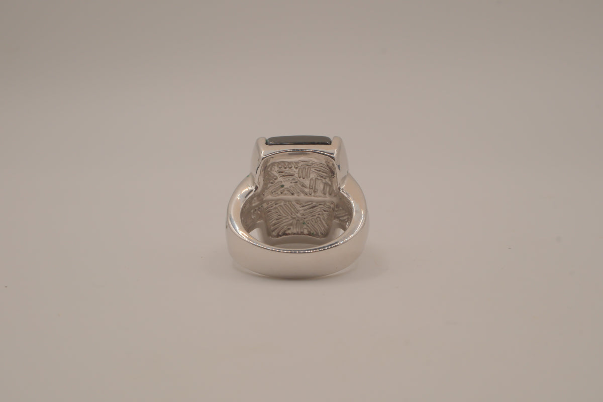 Silver tone Rectangular cabochon Black stone statement ring