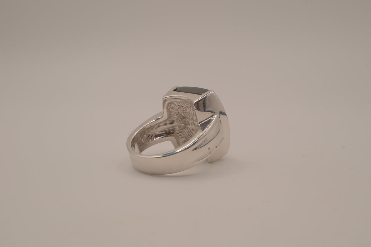 Silver tone Rectangular cabochon Black stone statement ring