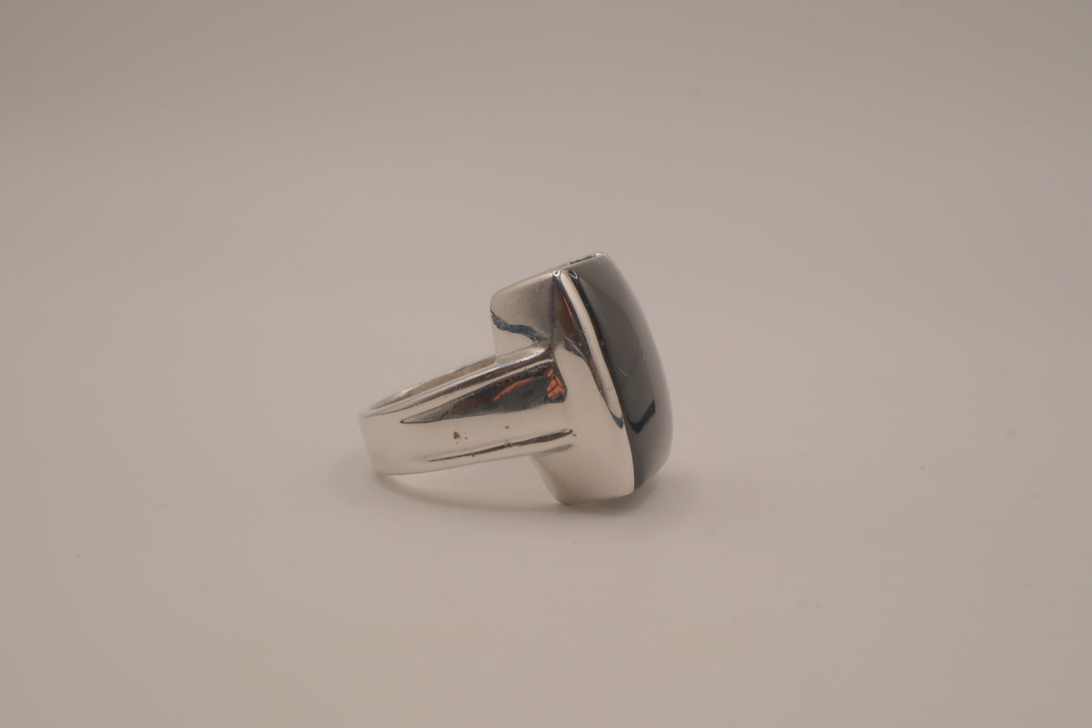 Silver tone Rectangular cabochon Black stone statement ring