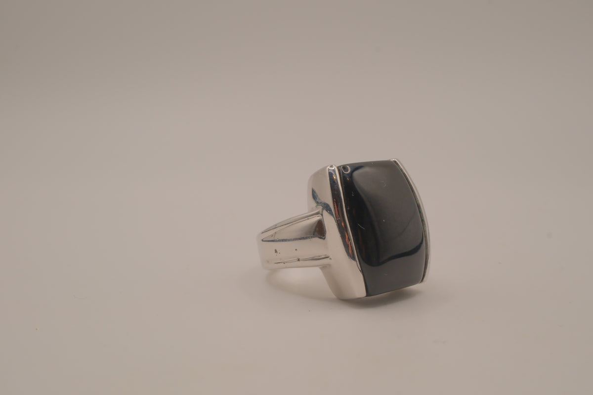 Silver tone Rectangular cabochon Black stone statement ring