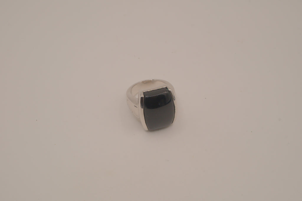Silver tone Rectangular cabochon Black stone statement ring