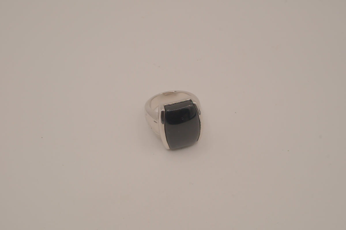 Silver tone Rectangular cabochon Black stone statement ring