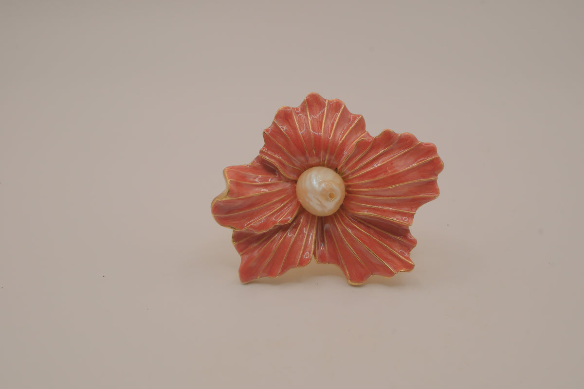 Vintage Coral-pink enameled flower statement ring
