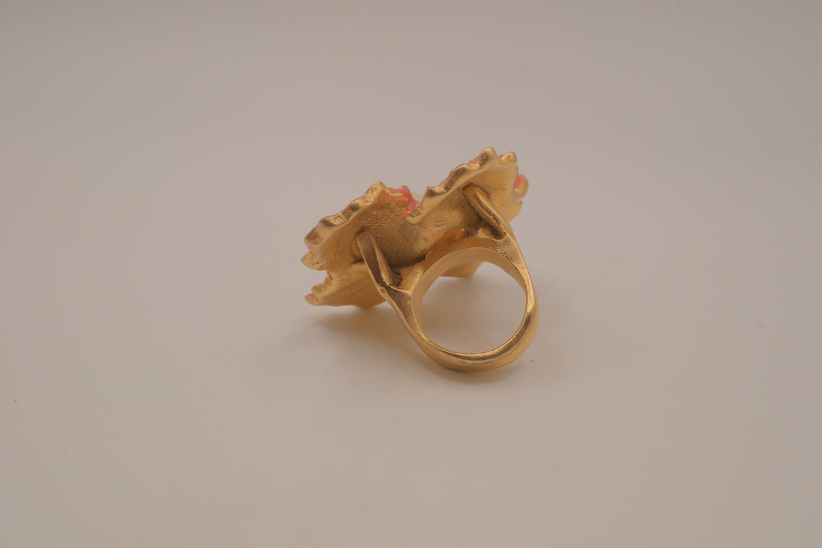 Vintage Coral-pink enameled flower statement ring