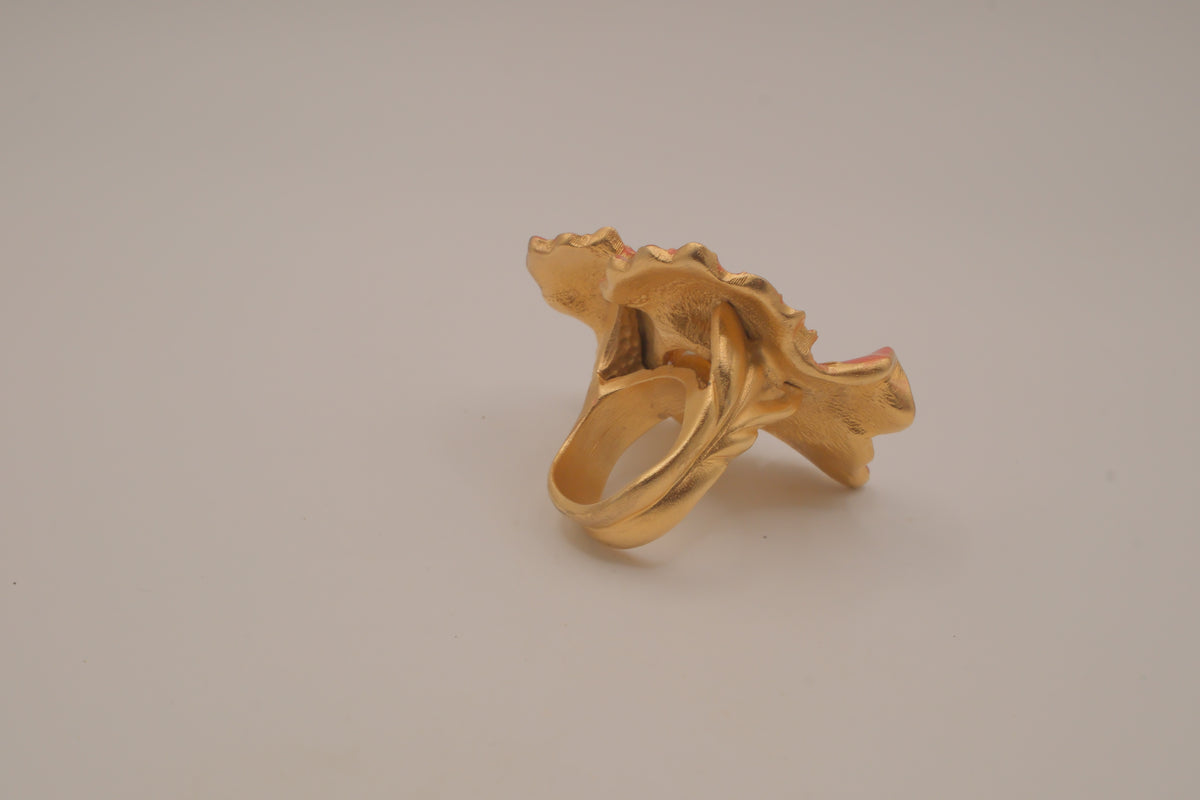 Vintage Coral-pink enameled flower statement ring