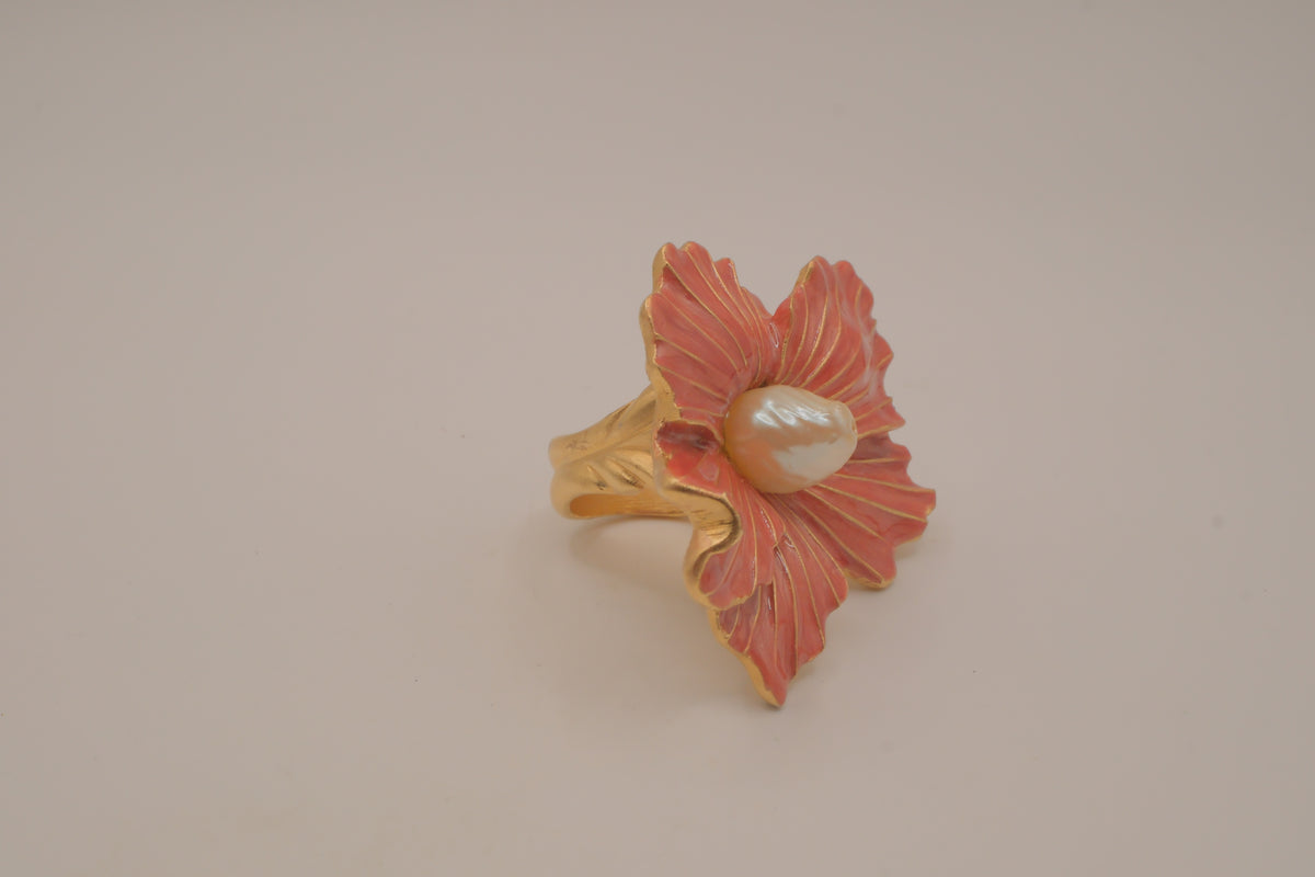 Vintage Coral-pink enameled flower statement ring