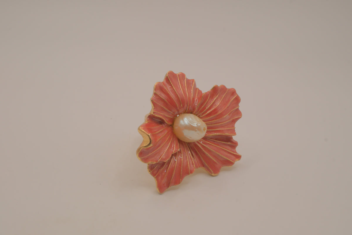 Vintage Coral-pink enameled flower statement ring