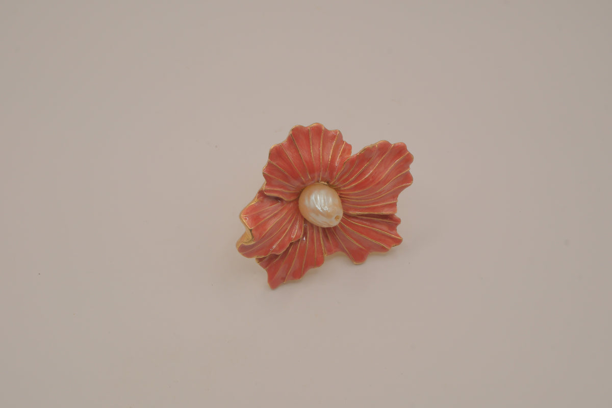 Vintage Coral-pink enameled flower statement ring