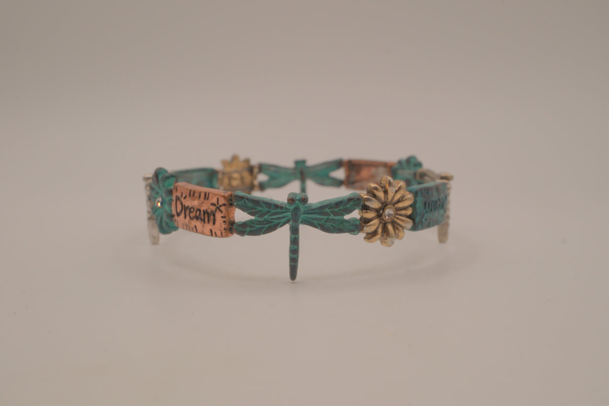 Vintage tri-tone dragonfly stretch bracelet