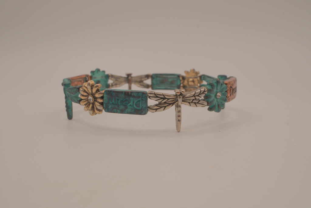 Vintage tri-tone dragonfly stretch bracelet