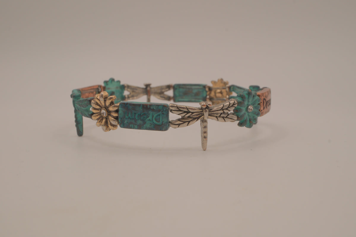 Vintage tri-tone dragonfly stretch bracelet