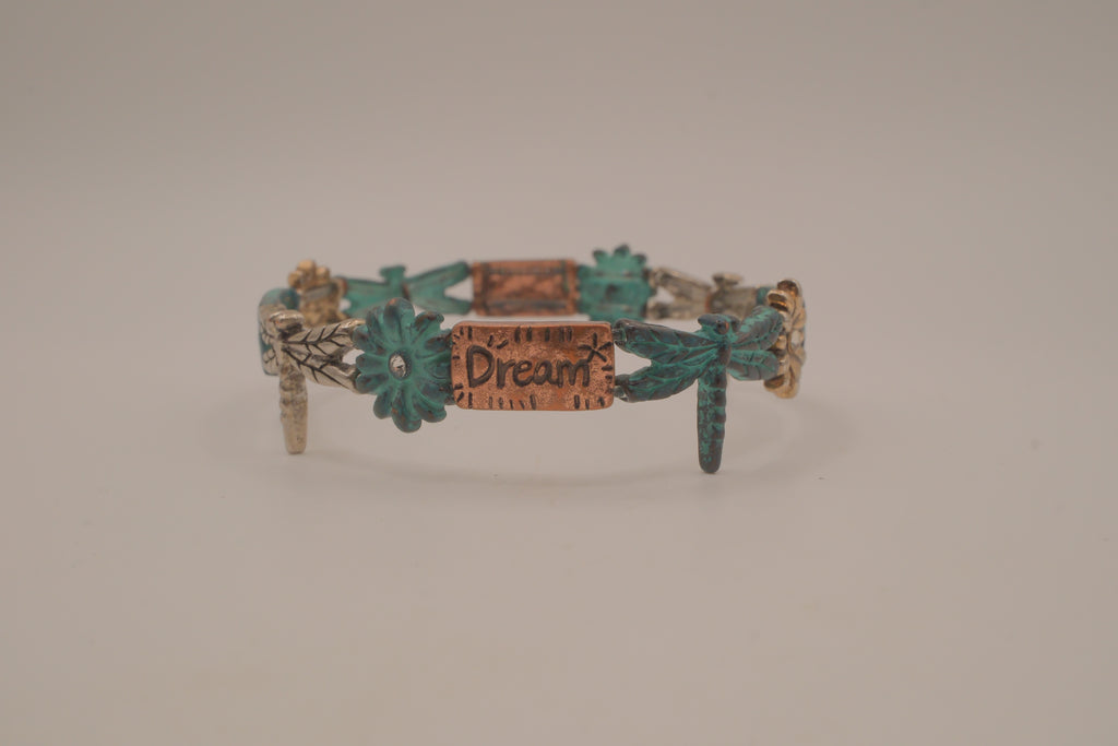 Vintage tri-tone dragonfly stretch bracelet